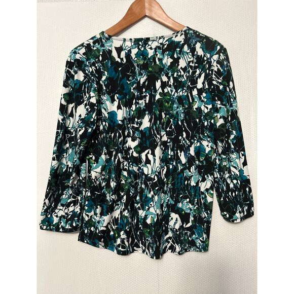 Liz Claiborne Black Green 3/4 Sleeve Blouse Abstract Print Front Tassel Size Med - Picture 7 of 9